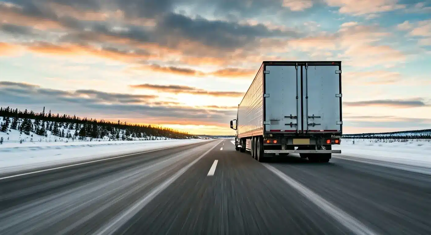 a truck driving down a long straight highway in winter as the sun sets