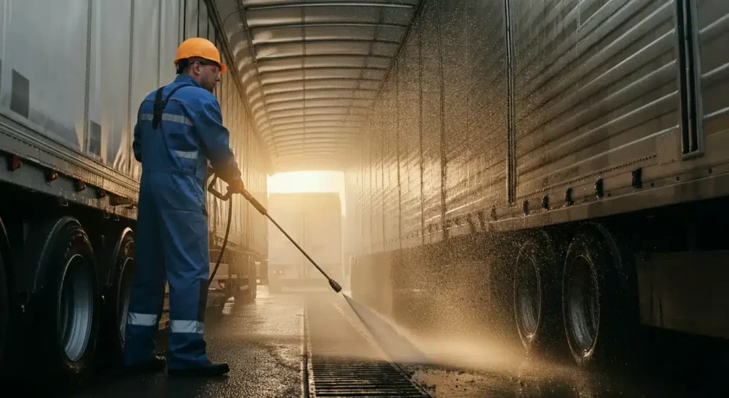 man in a blue jumpsuit pressure washing the ground inside of a loading bay