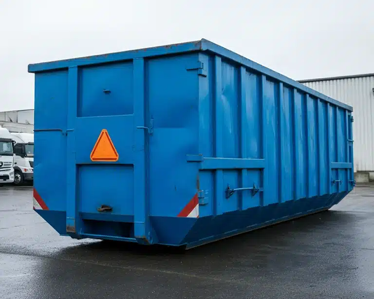A blue dumpster outside of a loading bay
