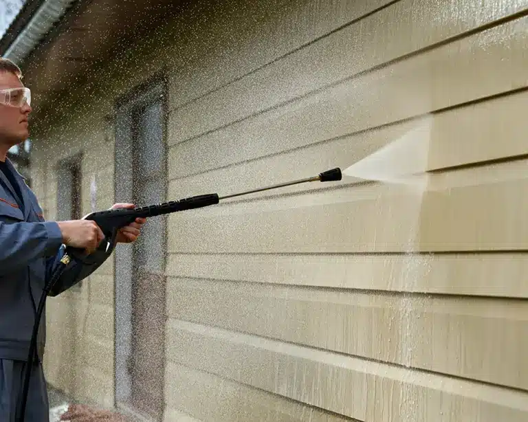 closeup of the side of a house being pressure washed